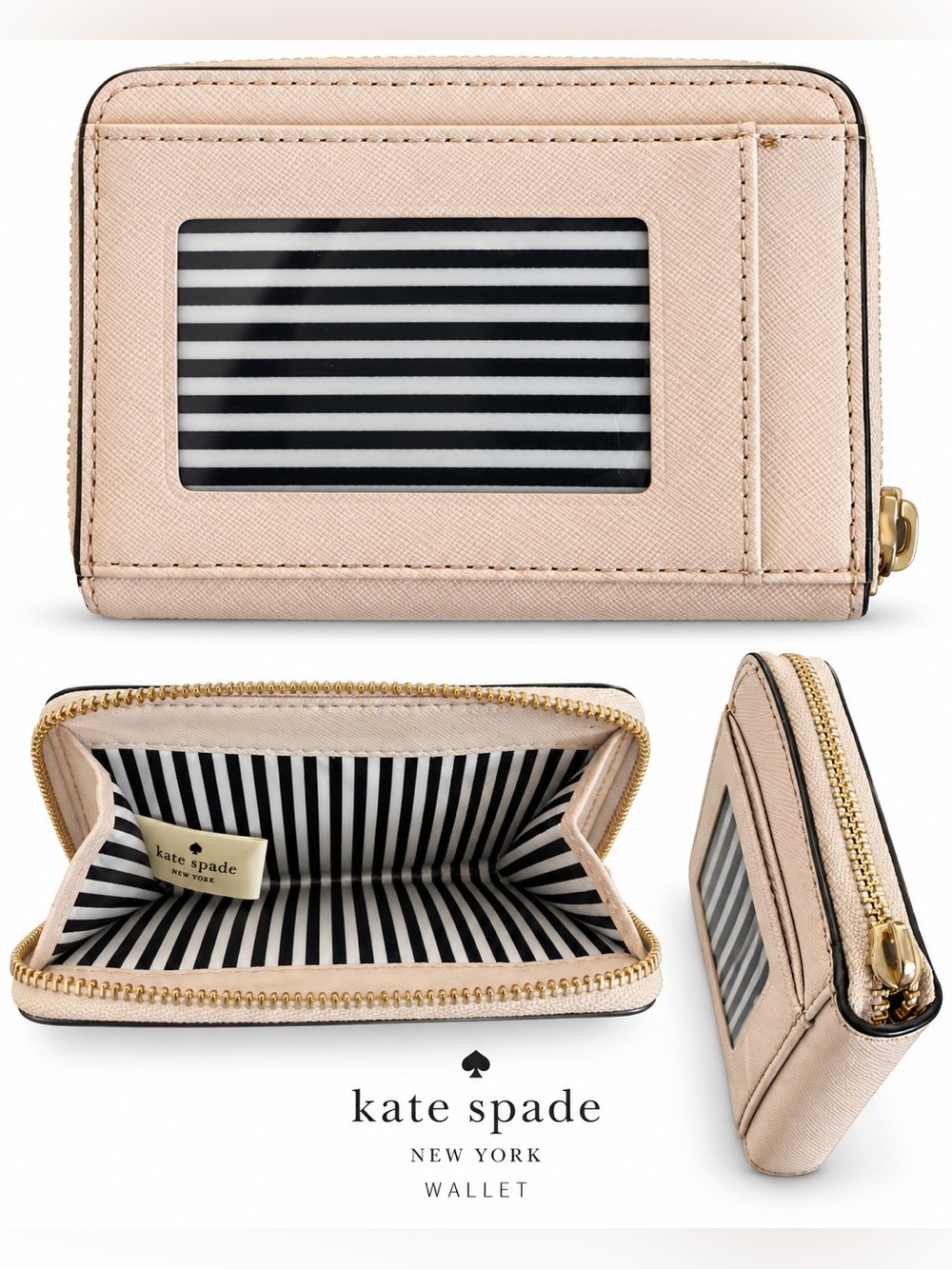 kate spade Blush Pebble Leather Zip Card Wallet with Striped Lining